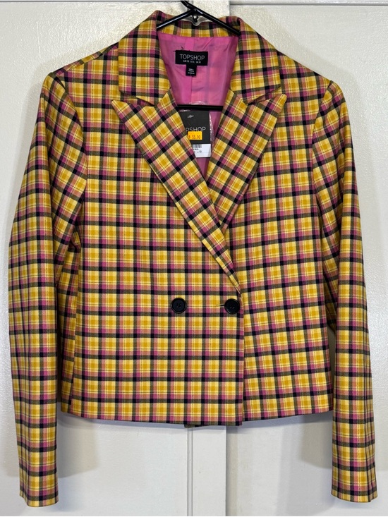 Topshop Jackets & Blazers - Topshop Pink and Yellow Plaid Double-Breasted Blazer